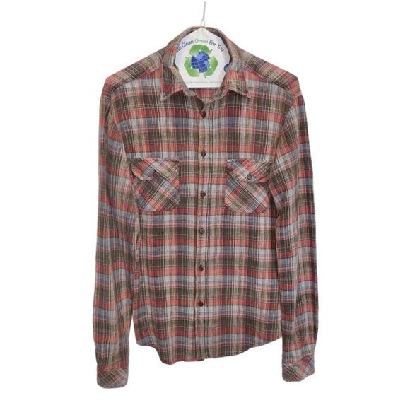 Vintage 90s Mad Man Red Green Plaid Cotton Gauze Button Up Shirt Men’s Medium - Picture 1 of 7